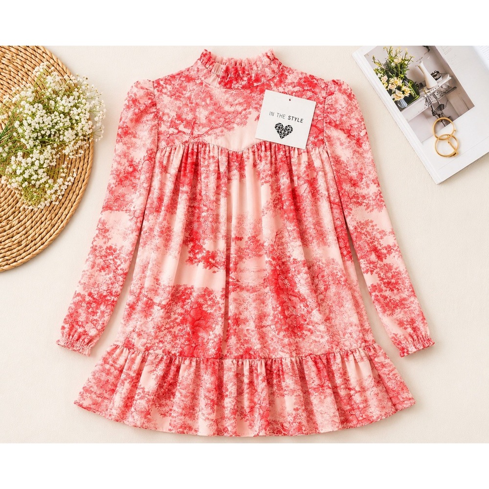 In The Style Babydoll Mini Dress 10 Pink Beige Toile High Neck Puff Sleeve Mock - Picture 3 of 14